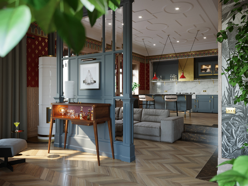 The project of private apartments, living room. Moscow. Khamovniki. 2018