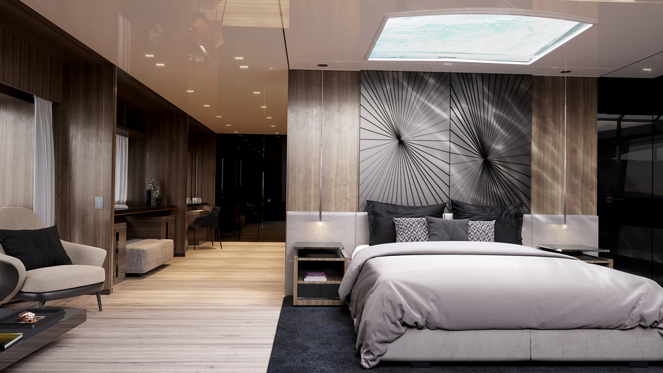 The window in the ceiling - and the transparent bottom of the Jacuzzi - is rightly a major design find.
