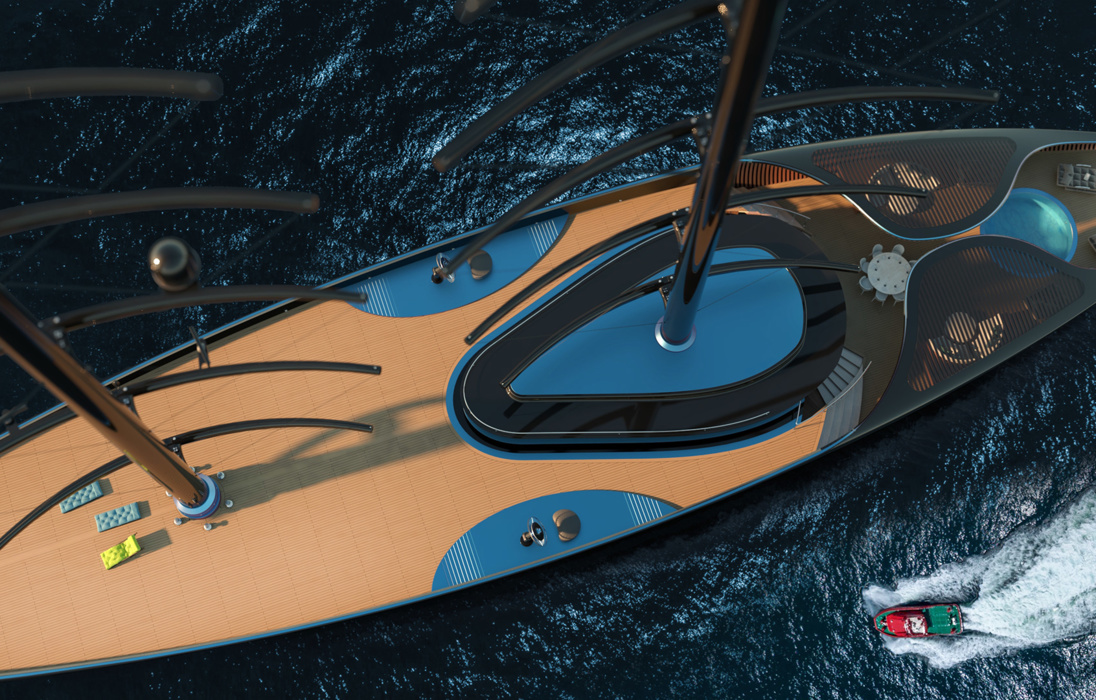 Стены салона каплевидной формы полностью стеклянные. 