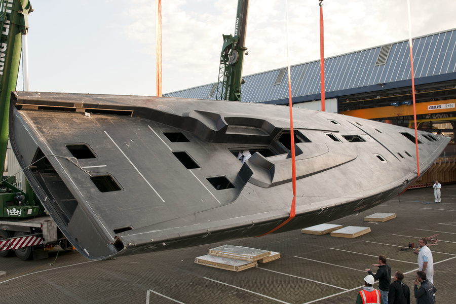 Hull is turned over for deck equipment installation