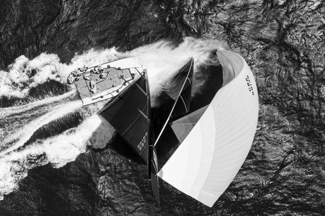 The Alegre team rushes to the finish line during the TP52 super series regatta in Kashkai. The wind was over 30 knots on that day. «Tough conditions for all teams. And for the drone, too»,