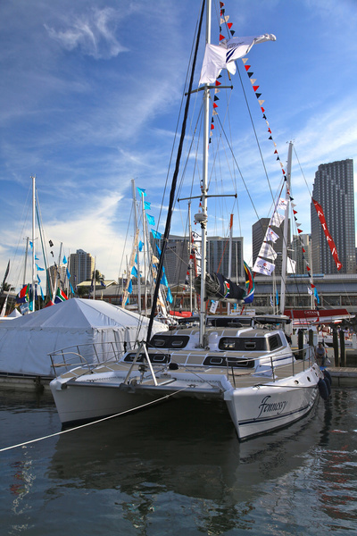 That catamaran's so tiny inside! When it seems that you can't accommodate anything else, you see a big master suite. And again, you can't fit anything else - and behind it there's a spacious toilet. And behind it, there's a shower room!