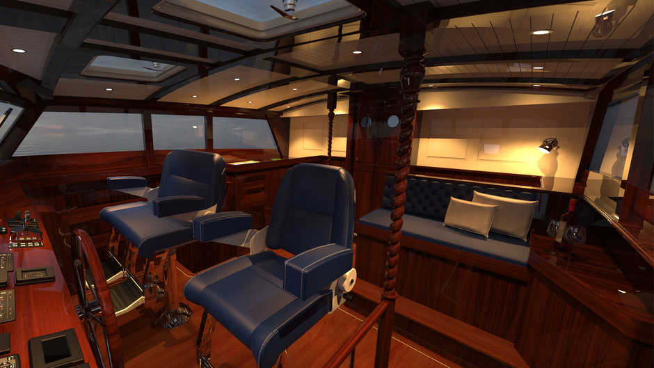 Behind the Stidd seats in the closed wheelhouse there is a map table and a soft bench with backrest. A carved starboard hinged door leads to the side deck and another to the open rear of the flybridge.