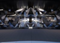 The design is full of polygonal elements, shiny steel and glass.