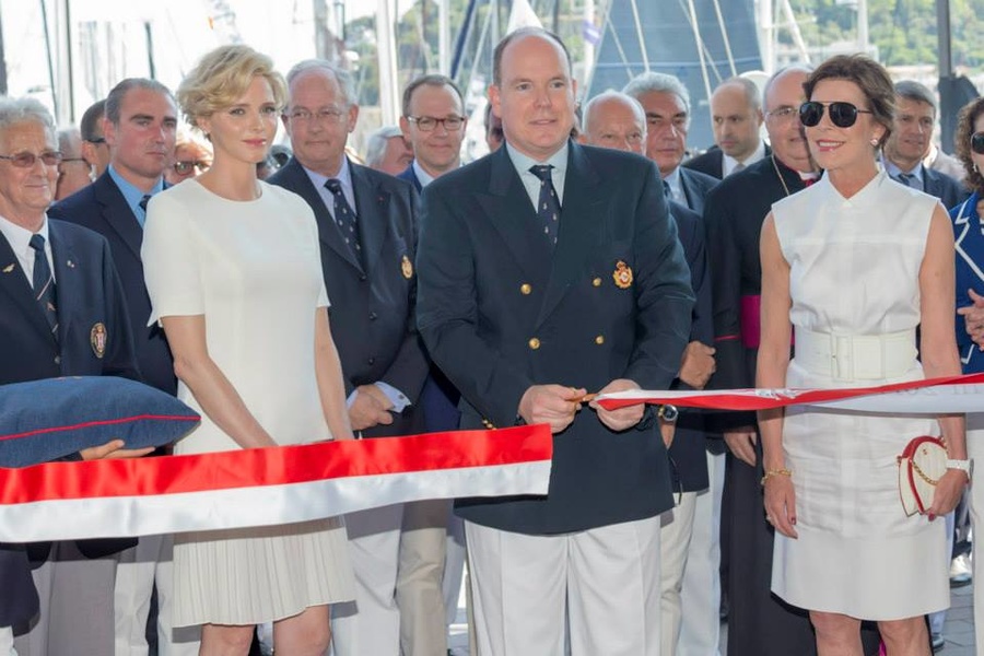Prince Albert, his wife Charlene and Princess Caroline of Hanover, right.