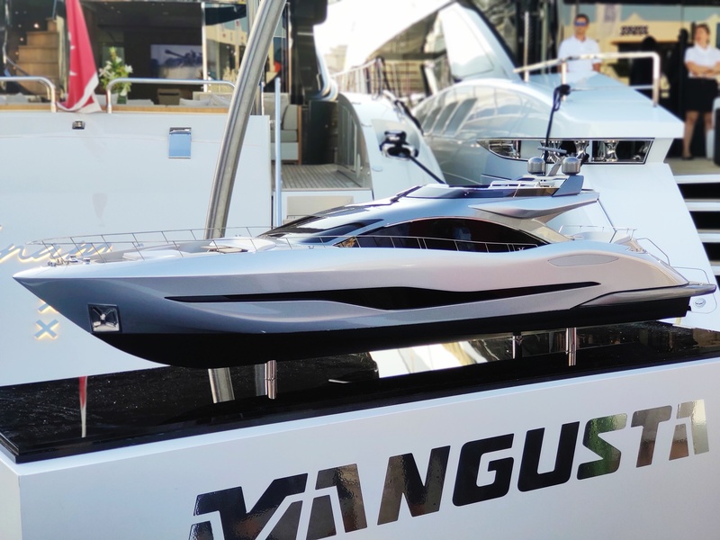 Mangusta 104 Sport model designed by Igor Lobanov at the Mangusta booth during the Cannes Yacht Festival. Photo: Ksenia Kalinina, itBoat.com