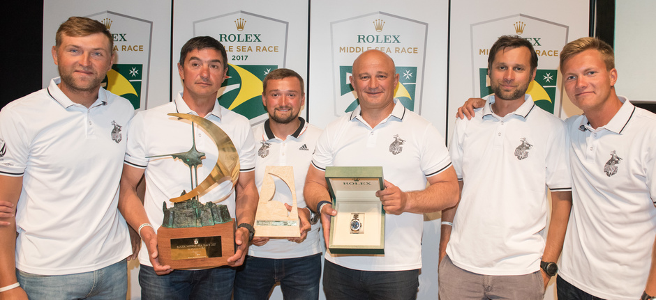 Crew of Bogatyr Igor Rytov at the awards ceremony of Rolex Middle Sea Race 2017.
