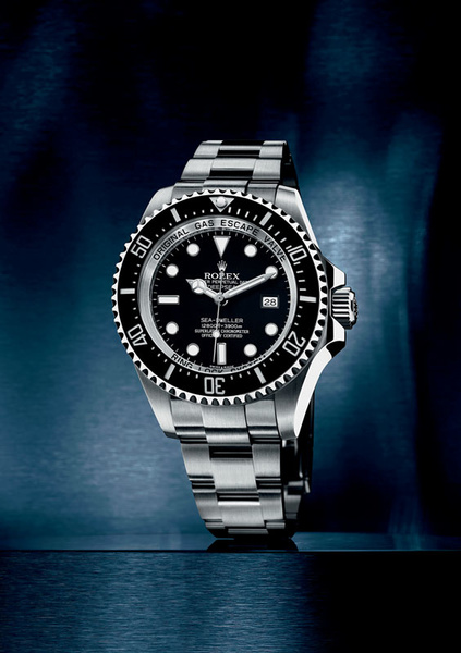 Rolex Sea-Dweller Deepsea. Certified chronometer with 44 mm case, water resistant to 3900 m. This version commemorates the 50th anniversary of the Trieste bathyscaphe dive into the Mariana Depression. 