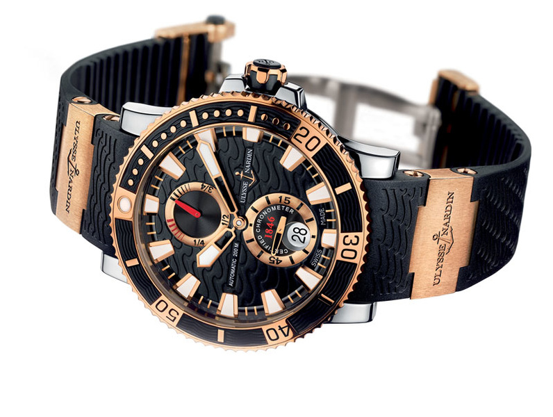 Ulysse Nardin Maxi Marine Diver Titanium. 45mm titanium case, bezel in pink gold. Sapphire caseback, 42-hour power reserve, 200m water resistant.