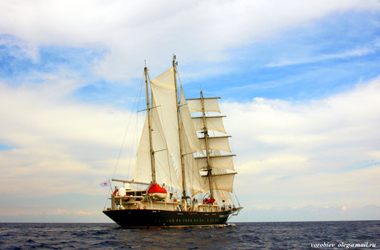 "Barkentina is a three-to-five-mast sea sailing vessel with braids on all masts except the bow mast that carries straight sails."