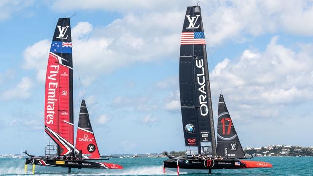 Oracle Team USA and Emirates Team New Zealand go hull to hull in Bermuda in 2017