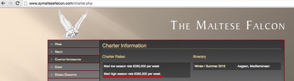 Information about the cost of rent on the official site of the yacht