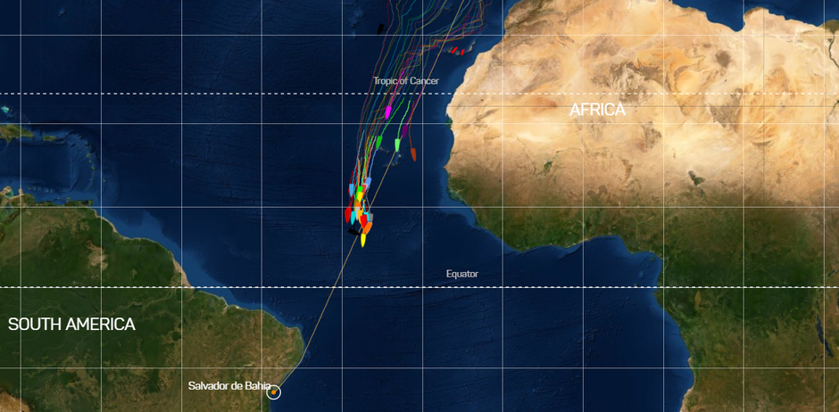 IMOCA 60. Hugo Boss is a single black boat behind the fleet.