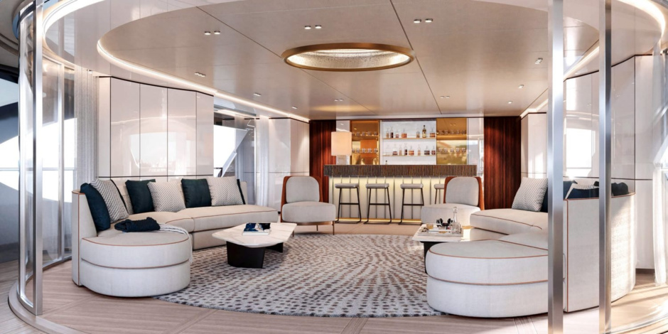 Lounge area with bar on main deck directly connected to beach club aft