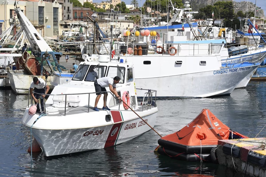 A life boat is docked at the harbor of Porticello, southern Italy