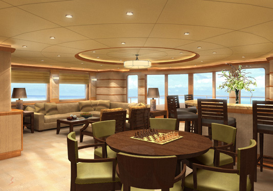 Four species of precious wood - maple, greville, wenge and mahogany - warm up the main salon and its dining room.