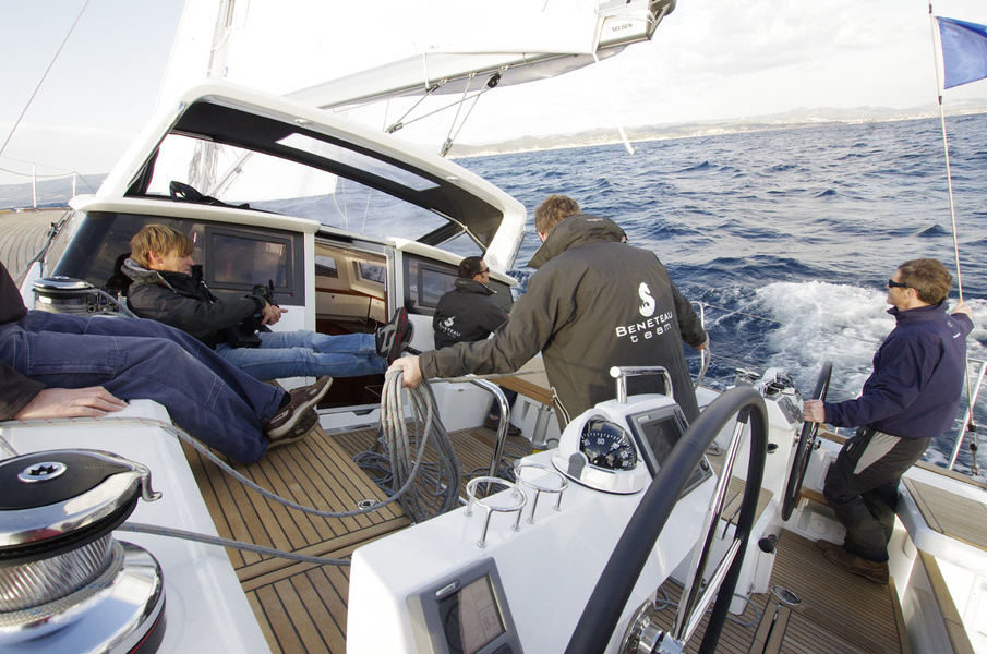 The yacht has a pretty strong heel on the aviator.
