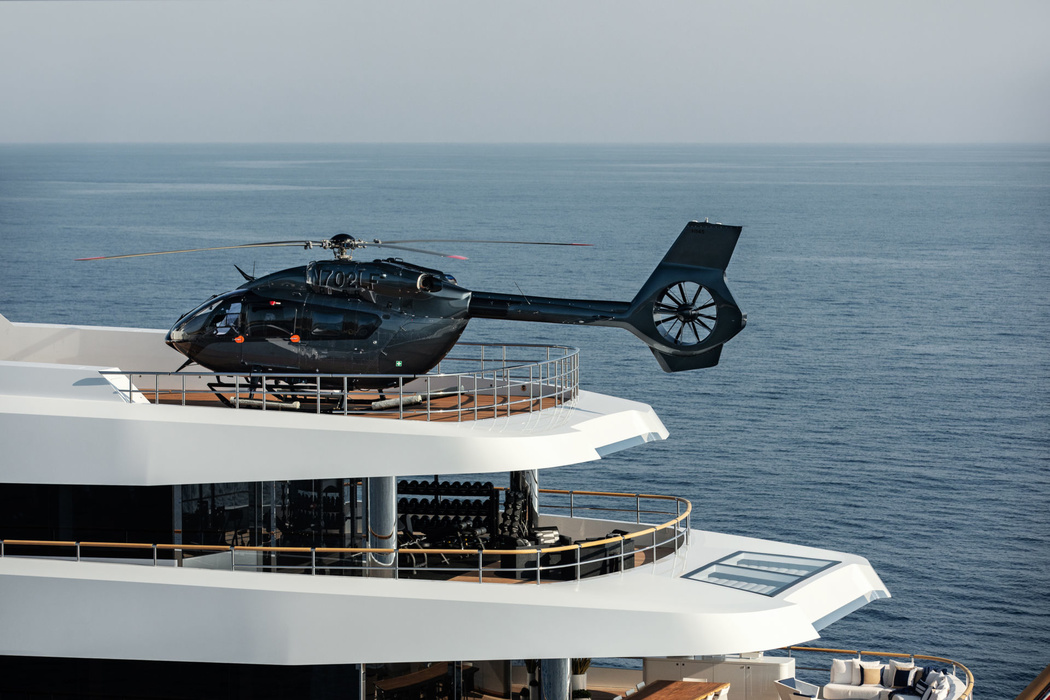Lonian carries on board not only a «flotilla of» water toys, tenders, but also a helicopter AW169. Notice that the beautiful Feadship is also available on a 66-metre support vessel.