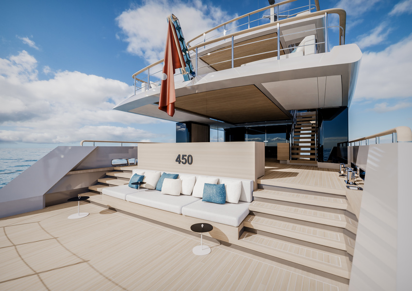Sofa overlooking the water on a swimming platform. There could be a pool.