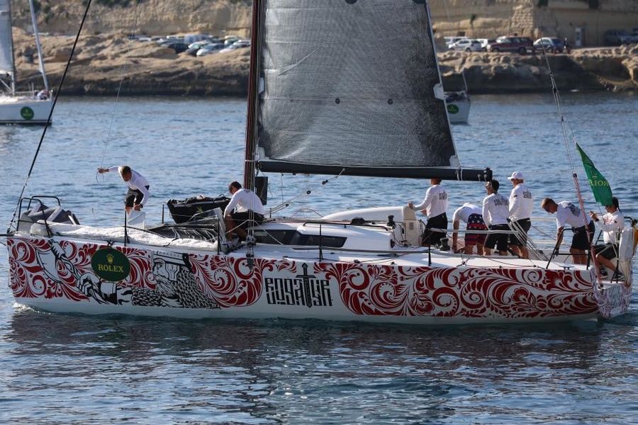 Bogatyr is moored at the finish line of the Rolex Middle Sea Race 2017.