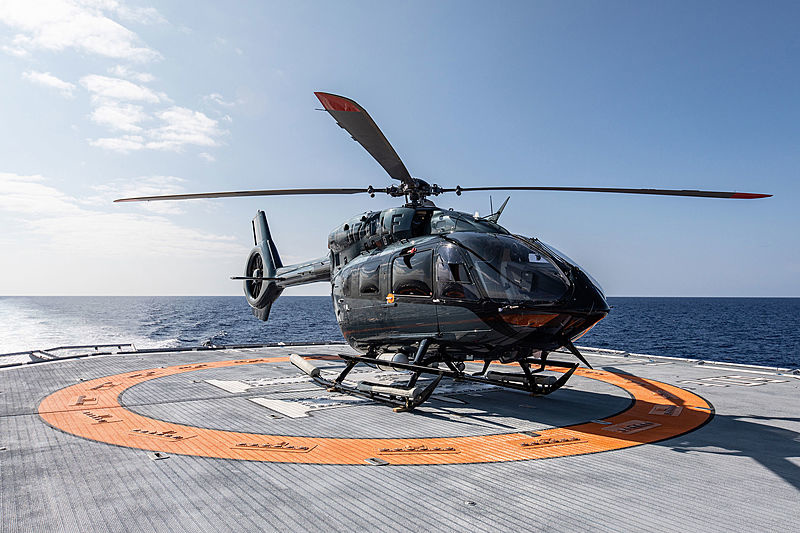 For the latter, a fully certified take-off and landing area at the stern of the main deck is equipped, ready to welcome spin wing machines similar in size to the popular EC145.