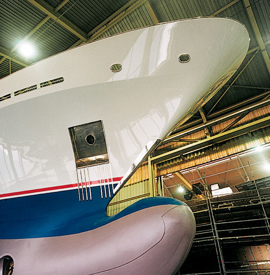 The branded bow bulb is one of Feadship's innovations, allowing the yacht to reach higher speeds. 